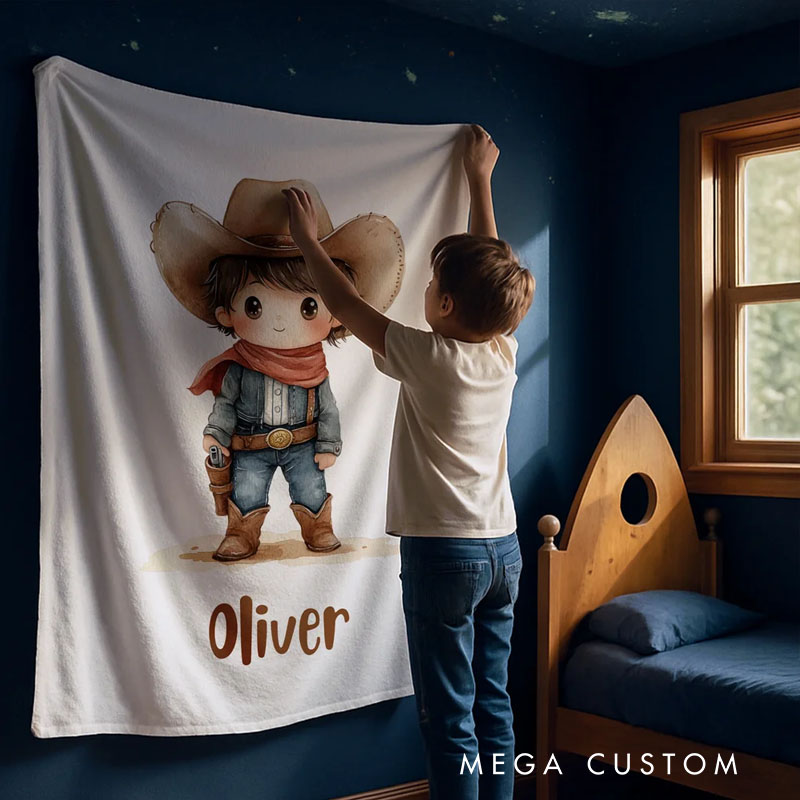 Personalized Cartoon Cowboy Cowgirl Soft Throw Blanket with Name Home Decor Birthday Gift for Kids Cowboy Lovers