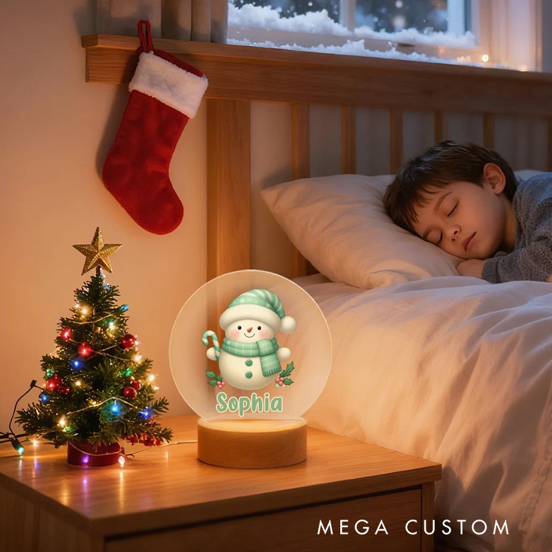 Personalized Snowflake Cute Snowman Christmas LED Night Light with Name and Wooden Base Christmas Gift for Kids