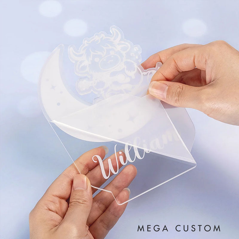 Personalized Cute Highland Cow with Moon Acrylic LED Night Light with Wooden Base Home Decor Baby Shower Gift for Boys Girls