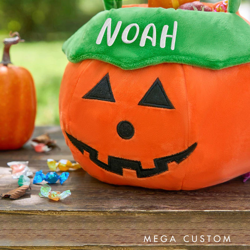 Personalized Embroidered Pumpkin Halloween Treat Basket with Green Handle for Fun Trick or Treat Adventures
