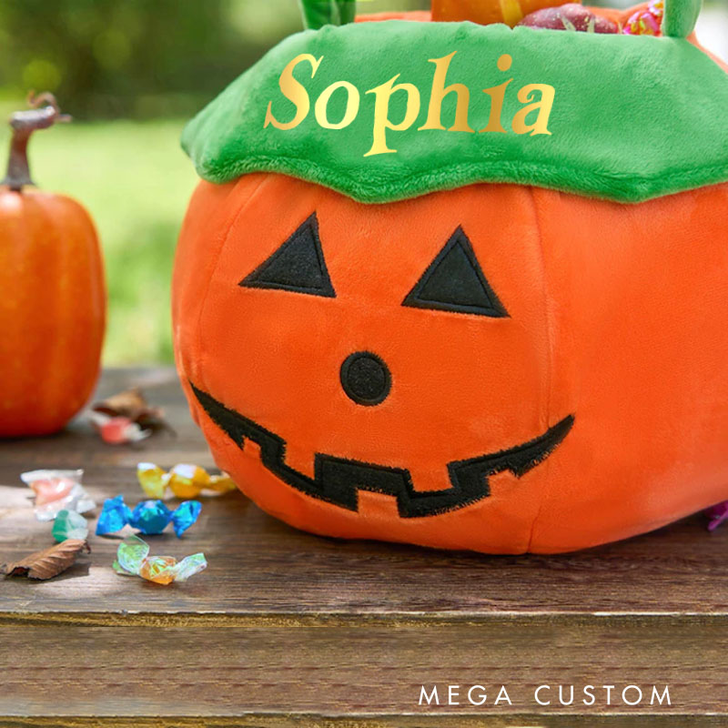 Personalized Lantern Halloween Treat Basket with Green Handle for Spooky Trick or Treat Fun