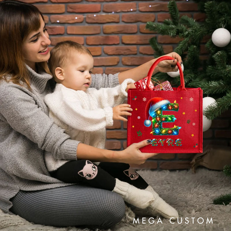 Personalized Santa Hat Color Lights Reusable Red Jute Tote Gift Bag with Initial and Name Christmas Party Gift for Family Kids