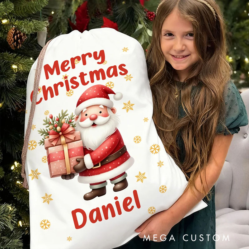 Personalized Cute Cartoon Santa Claus Snowflake Drawstring Christmas Gift Bag with Name Merry Christmas Gift for Kids Family