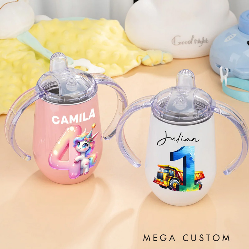 Personalized Fantasy Digital Unicorn Dinosaur Vehicle 10oz Insulated Name Sippy Cup with Lid and Handle Birthday Baby Shower Gift for Toddler Kids