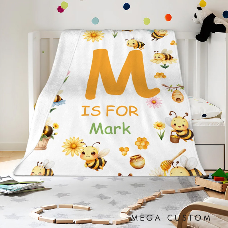 Personalized Cute Bee Flower Soft Throw Blanket with Name and Initial Nursery Decor Baby Shower Birthday Gift for Newborn Baby