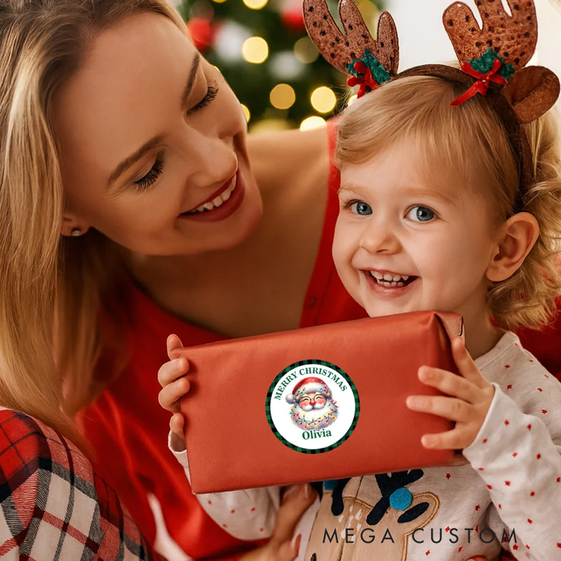 Personalized Merry Christmas Santa Claus Waterproof Stickers with Name Christmas Party Favors for Kids Family Friends