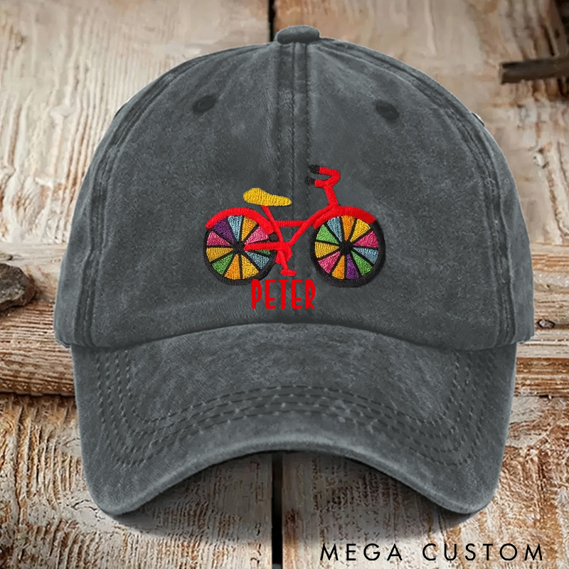 Personalized Rainbow Bicycle Embroidered Hat Colorful Bike Dad Cap Adjustable Black Baseball Cap