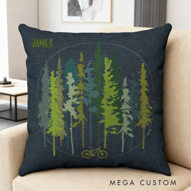 Personalized Pillow for Cycling Lovers Cushion Cover Mountain Bike Forest Stunted Fir Trees
