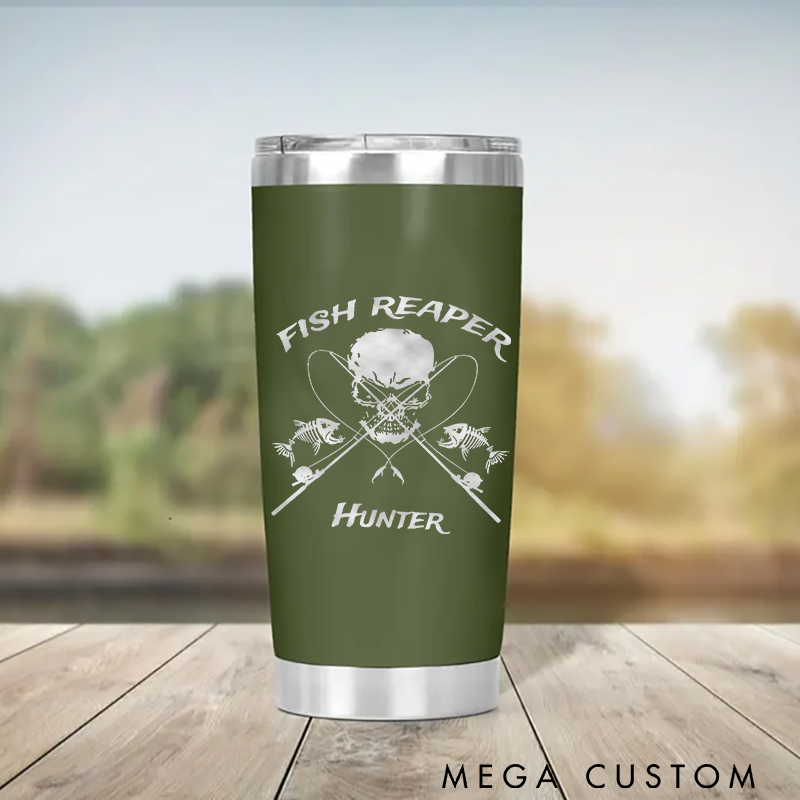 Personalized Fish Reaper Tumbler Stainless Steel Insulated Cup for Fishing Enthusiasts Durable Design Keeps Drinks Hot or Cold Perfect Outdoor Gift