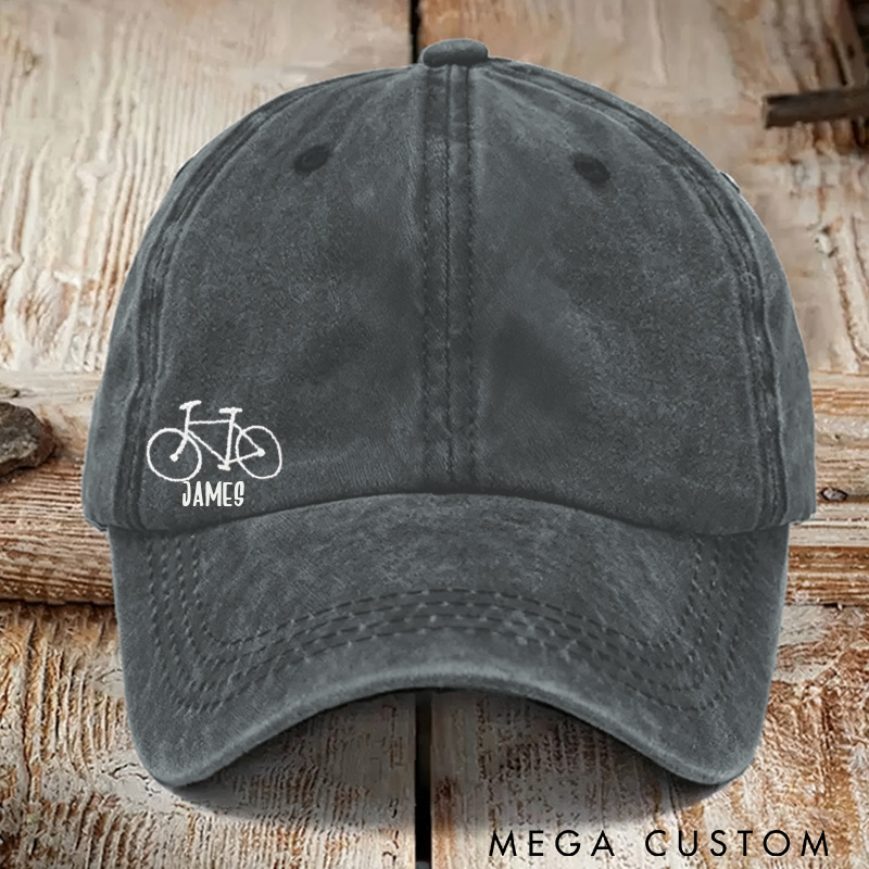 Personalized Embroidered Bicycle Hat Distressed Baseball Cap Small Road Bike In Corner