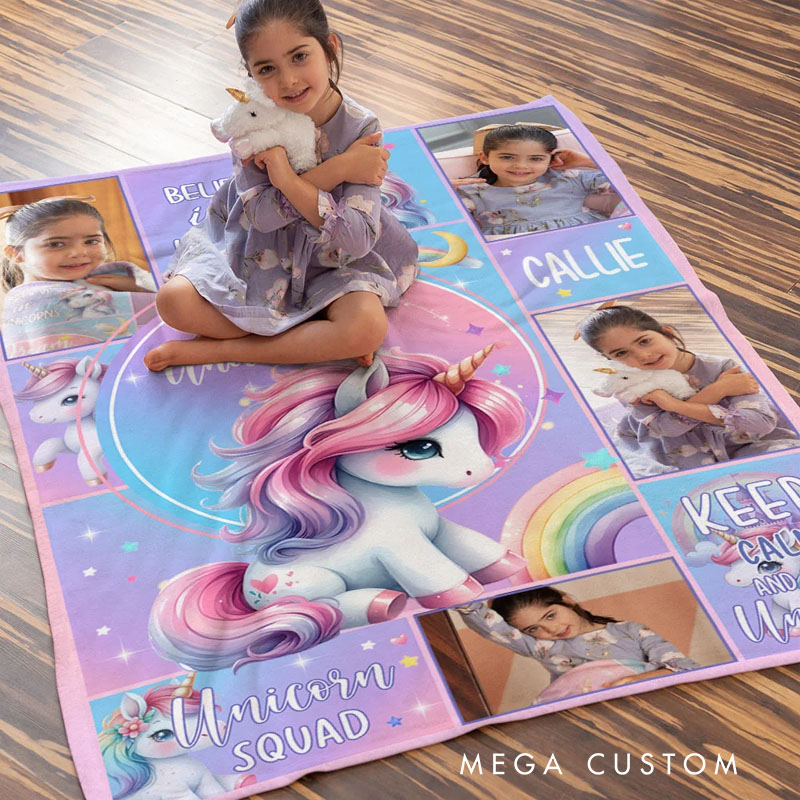 Personalized Fantasy Unicorn Photo Collage Soft Throw Blanket with Name Sofa Decor Baby Shower Birthday Gift for Baby Girls