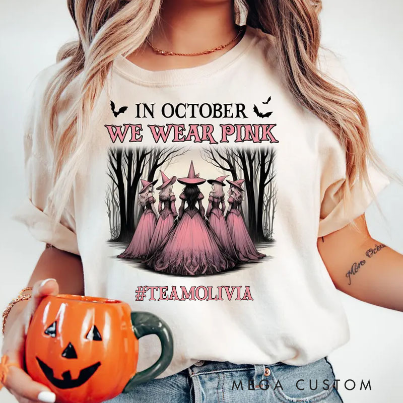 Personalized October Pink Awareness T-Shirt with Witchy Theme and Customizable Hashtag for Support