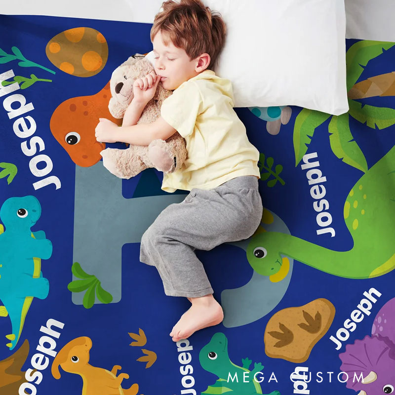 Personalized Cute Dinosaur Soft Throw Blanket with Name and Initial Room Decor Birthday Gift for Boys Girls