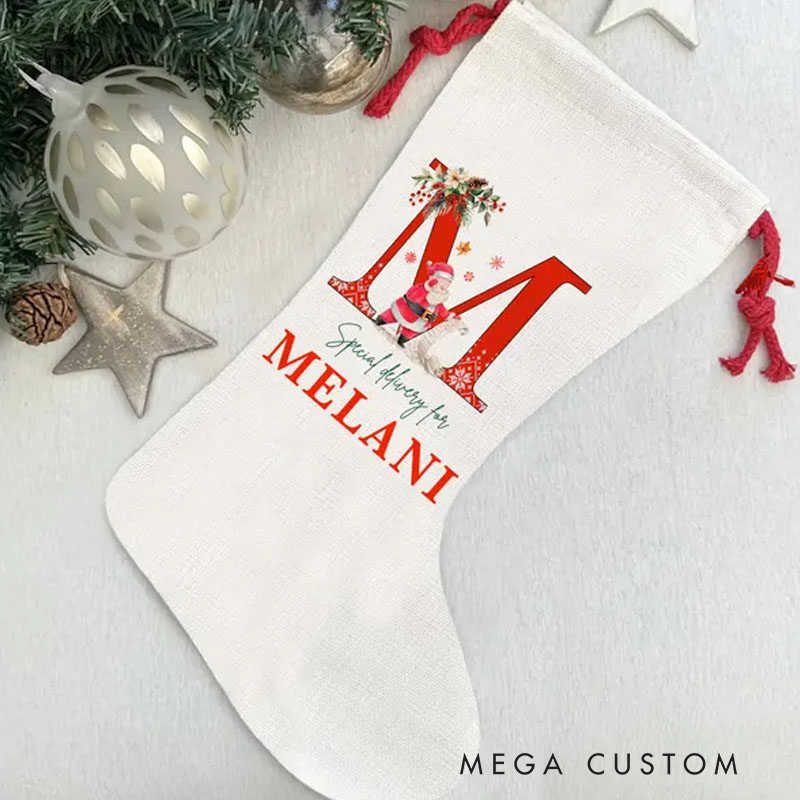 Personalized Initial and Name Christmas Stocking with Festive Floral Accents for Holiday Warmth