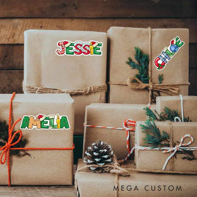 Personalized Festive Name Art Christmas Stickers with Holiday Icons for Unique and Cheerful Seasonal Decor