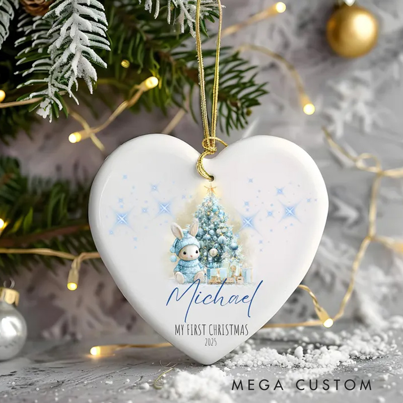 Personalized Elegant Christmas Tree and Bunny Ornament with Custom Name and Date for Cherished Holiday Memories Christmas Ornament