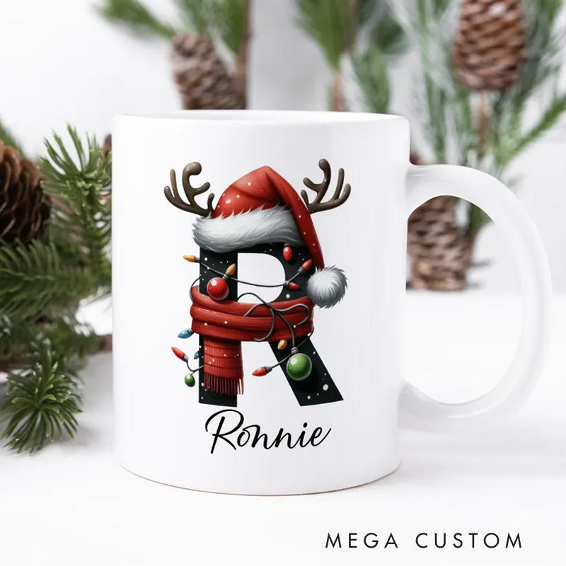 Personalized Holiday Initial Mug with Festive Decorations and Custom Name for a Cheerful and Unique Gift Mug