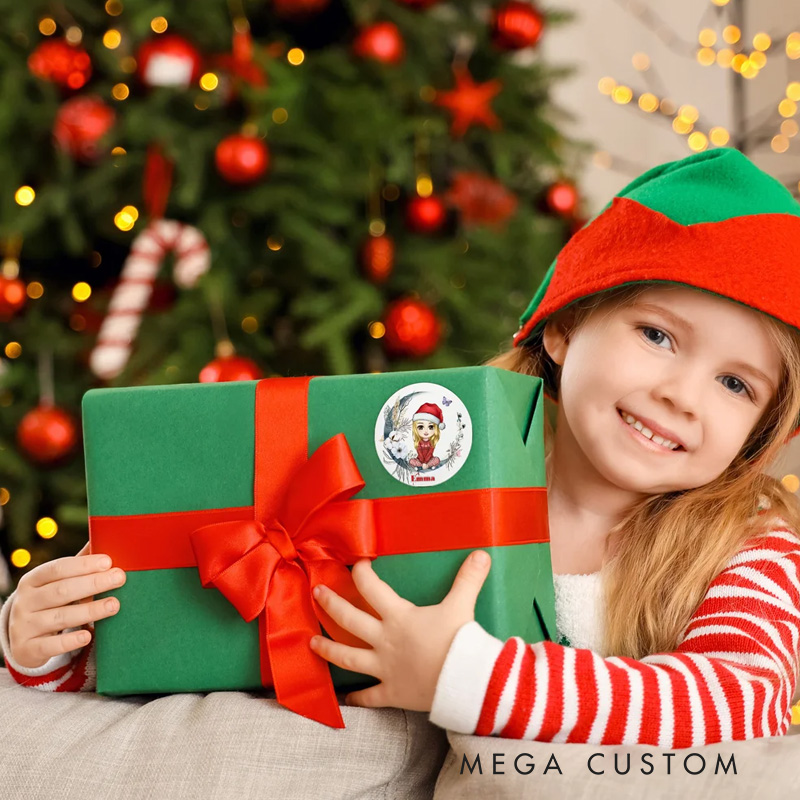 Personalized Moon Floral Santa Hat Cartoon Character Waterproof Stickers Labels with Name Gift Decor Christmas Party Favors for Family Kid