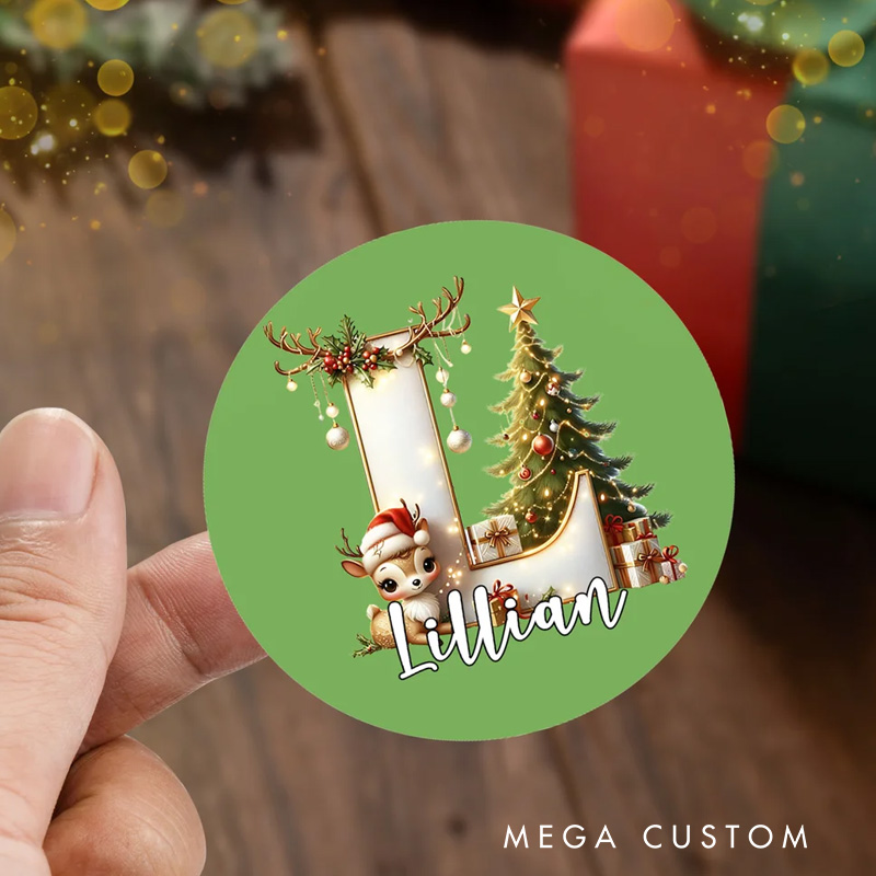 Personalized Christmas Tree Elk Initial Waterproof Stickers Labels with Name Gift Decor Christmas Party Favors for Kids Family
