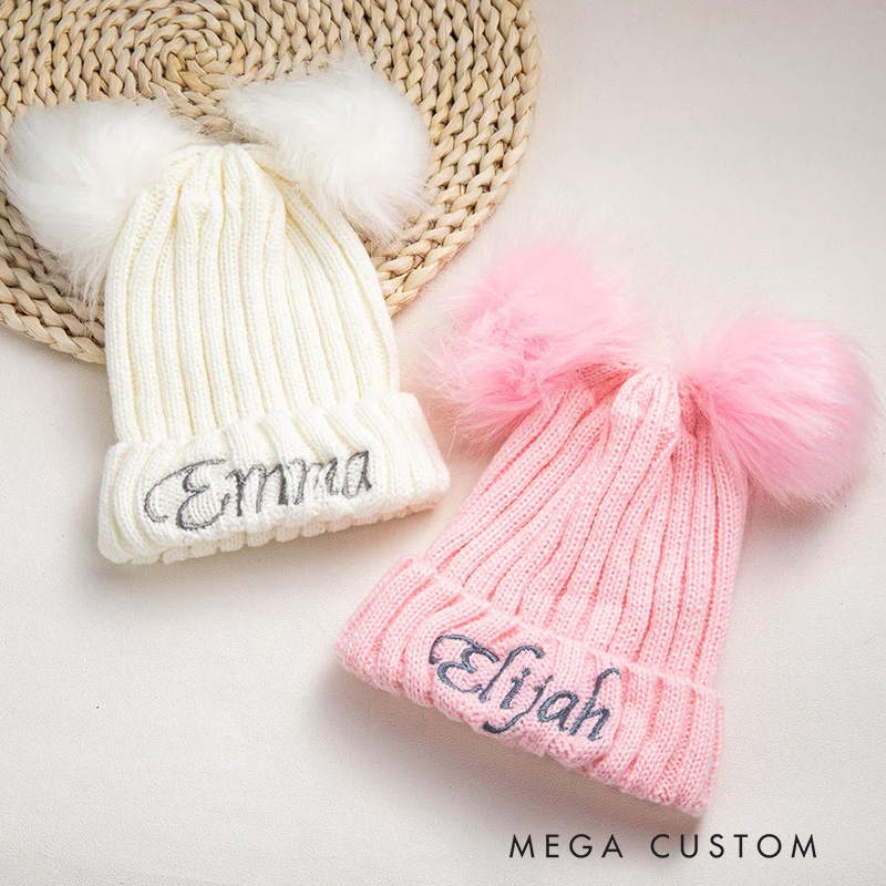 Personalized Double Pom Pom Baby Knitted Winter Hat with Embroidery Name Baby Shower Christmas Day Birthday Gift for Kid Newborn