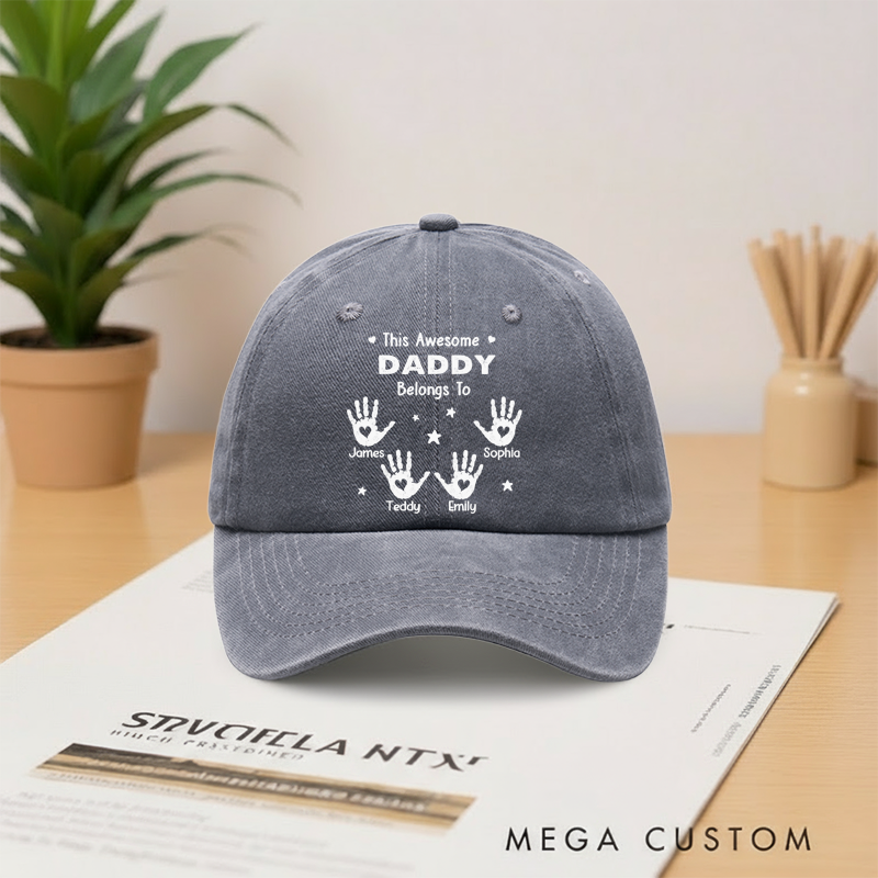 Personalized Proud Grandpa Of Little Hands Vintage Washed Denim Baseball Cap Gifts for Dad Grandpa