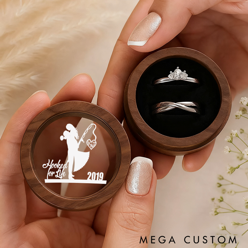 Personalized Wooden Ring Box Hooked for Life Ring Box Wooden Fishing Themed Jewelry Box Perfect for Engagements Weddings Couples and Romantic Gifts