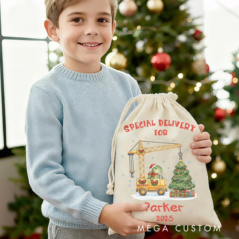 Personalized Cute Dinosaur Construction Vehicle Drawstring Gift Bag Santa Sack with Name and Year Christmas Gift for Kids