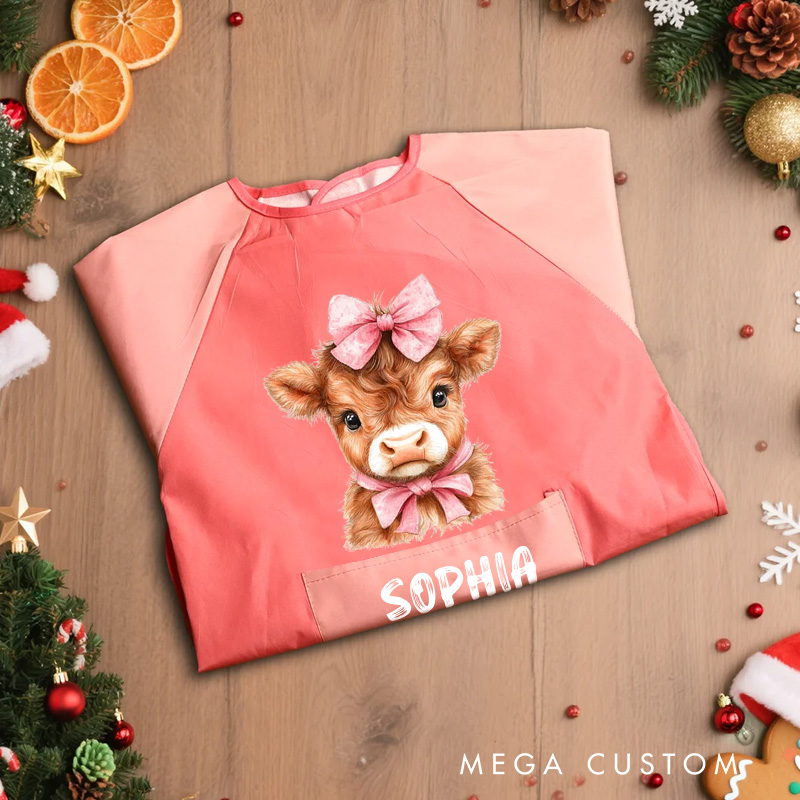 Personalized Animal Adventure Apron with Custom Name and Playful Blue Pink Highland Cow for Fun Baking Activities Kid Apron