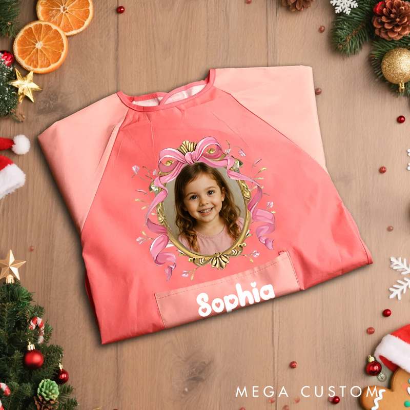 Personalized Photo Frame Apron with Custom Name and Adorable Pink Design for Memorable Mealtime Fun Kid Apron