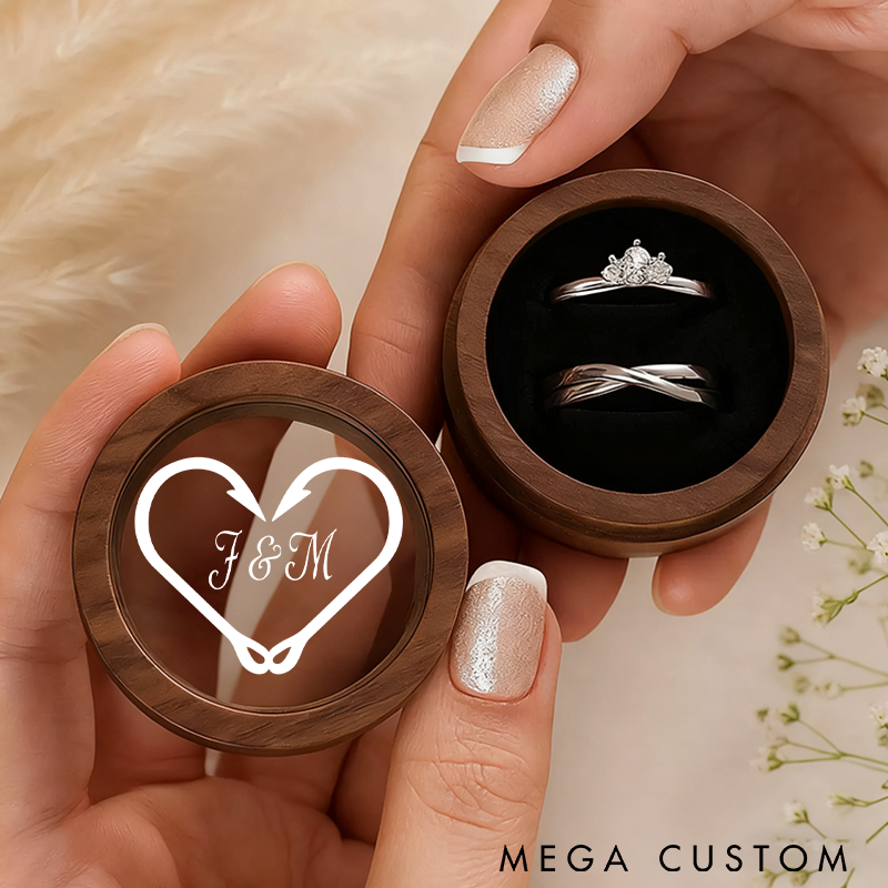 Personalized Wooden Ring Box Heart Fish Hook Design Custom Initials Perfect for Couples Weddings Engagements and Romantic Gifts for Fishing Lover
