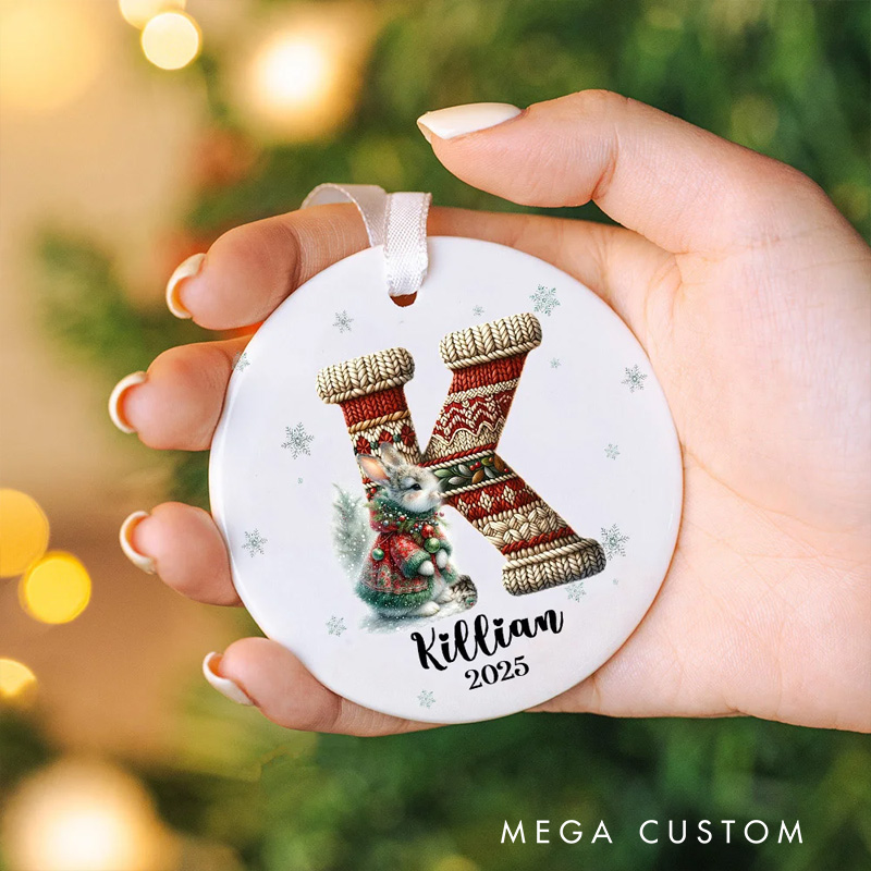 Personalized Cute Animals Knitted Design Ceramic Christmas Ornament with Initial and Name Christmas Tree Decoration Gift for Family Friends