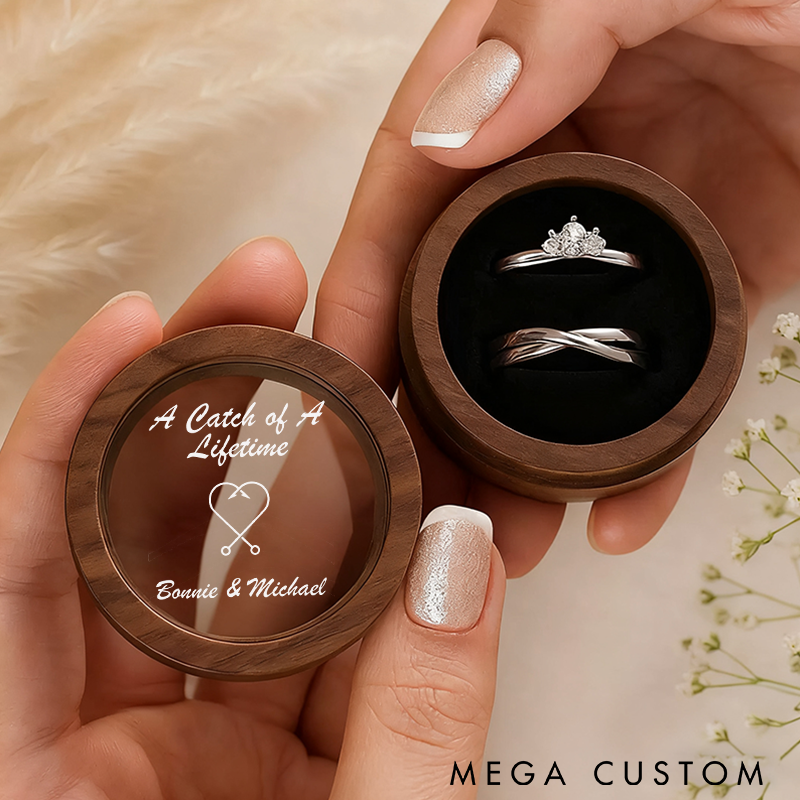 Personalized Wooden Ring Box A Catch of A Lifetime Ring Box Couples Ring Box Custom Names Perfect for Weddings Engagements and Fishing-Themed Gifts