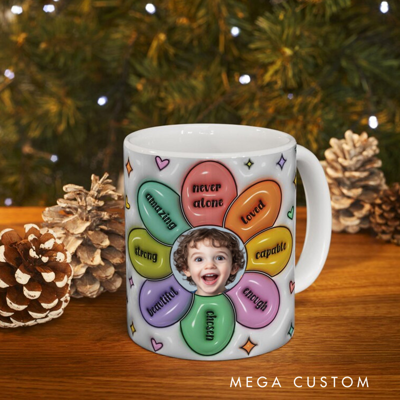 Personalized Inspirational Flower Mug with Uplifting Words and Custom Photo Center 3D Inflated Effect Printed Mug