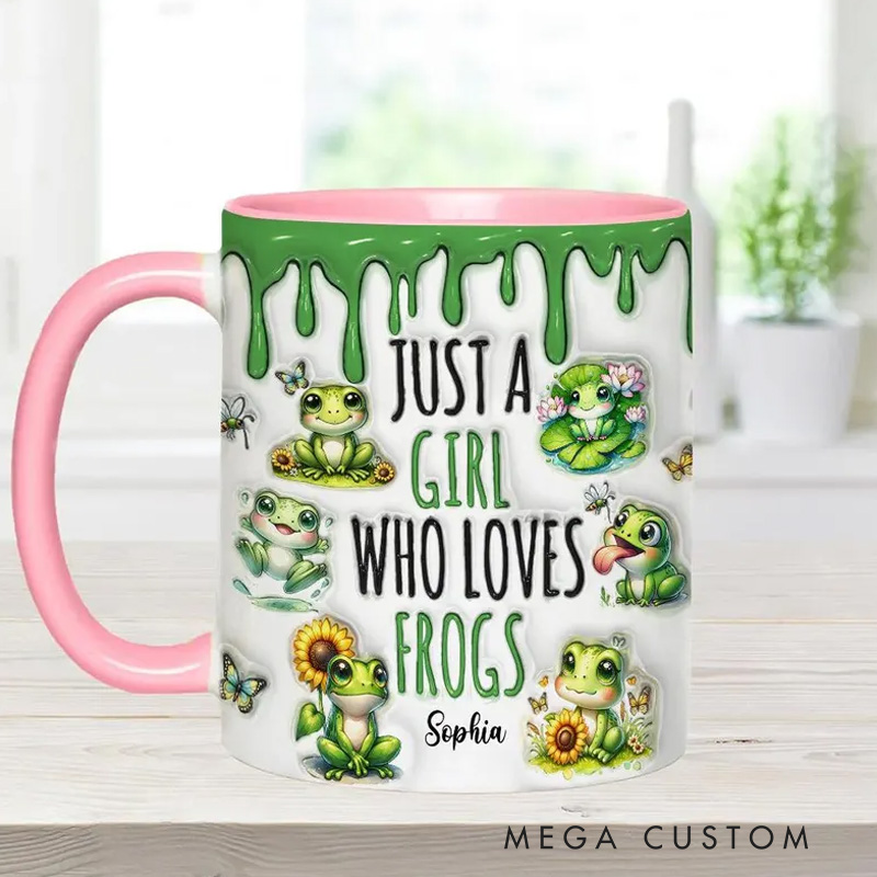 Personalized Frog Lover's Mug with Playful Amphibian Illustrations and Custom Name 3D Inflated Effect Printed Mug