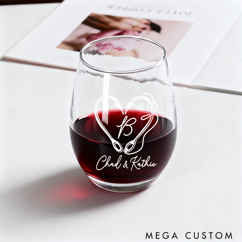 Personalized Fishing Wine Glasses with Hooked Heart Design Custom Names and Time Perfect Gift for Couples Weddings Engagements or Anniversaries