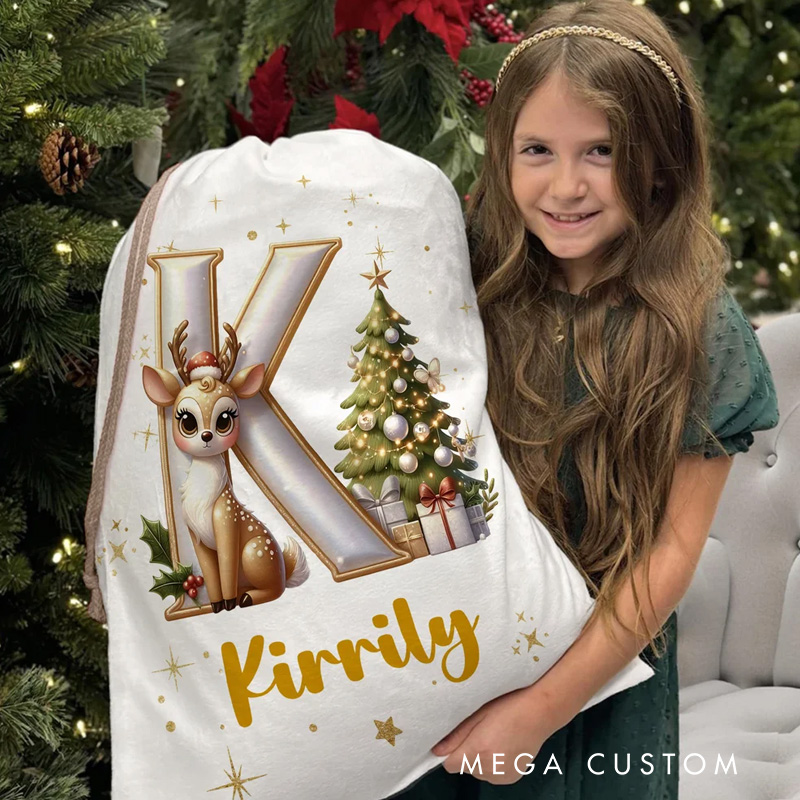 Personalized Cute Cartoon Elk Christmas Tree Initial Canvas Drawstring Gift Bag with Name Christmas Gift for Friends Family