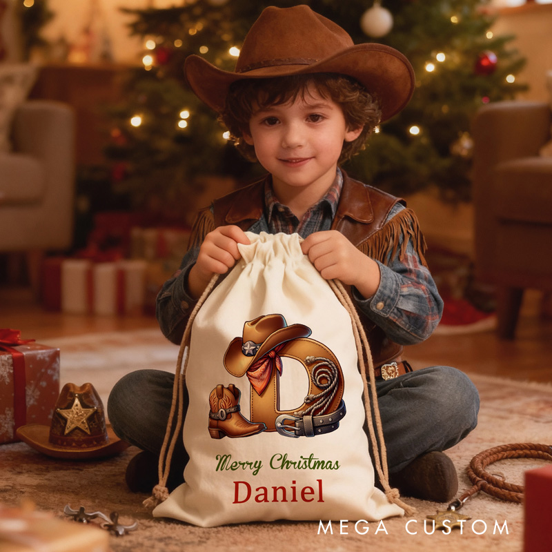 Personalized Santa Sack with Custom Name Western Christmas Gift Bag for Kids and Family Christmas Cowboy Boot Initial Name Gift Bag
