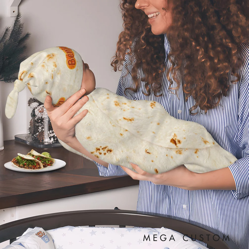 Personalized Tortilla Swaddle Blanket and Knot Hat Set with Name Birthday Baby Shower Gift for Newborns Babies