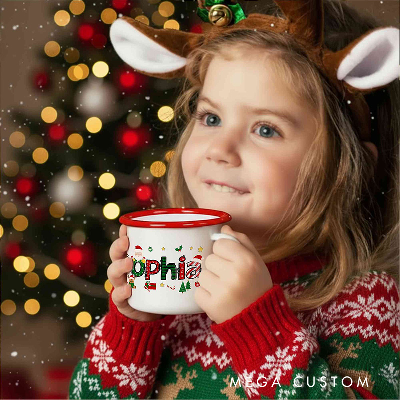 Custom Name Cartoon Christmas Theme Enamel Mug 12oz Shatterproof Cup with Handle Cocoa Milk Mug Christmas Gift for Kids