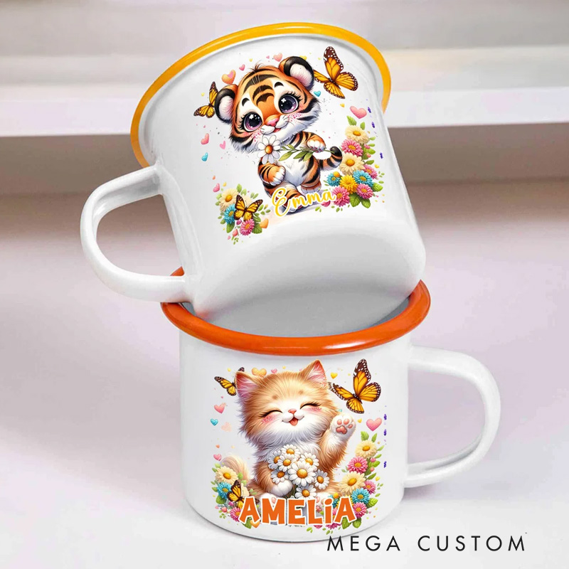 Personalized Wildflower Cute Animal Portable 12 oz Enamel Cup with Name Back to School Birthday Gift for Boys Girls