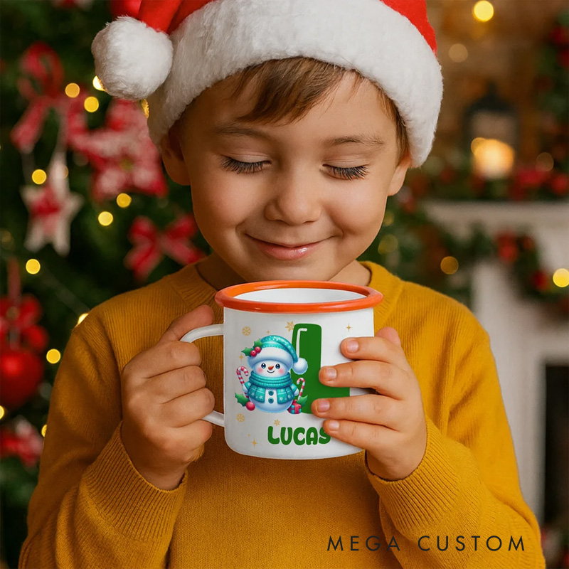 Personalized Cute Cartoon Snowman Initial 12 oz Enamel Mug with Name Christmas Gift for Boys Girls