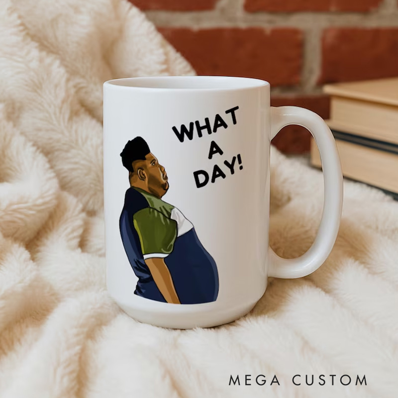 Personalized Humorous Daily Grind Mug with Playful Character Illustration and Lighthearted What a Day Message Mug