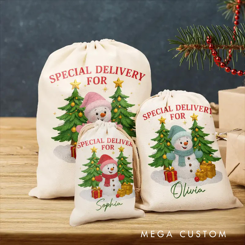 Personalized Snowman and Tree Christmas Bag with Custom Name for Heartwarming Holiday Gift Deliveries Christmas Bag