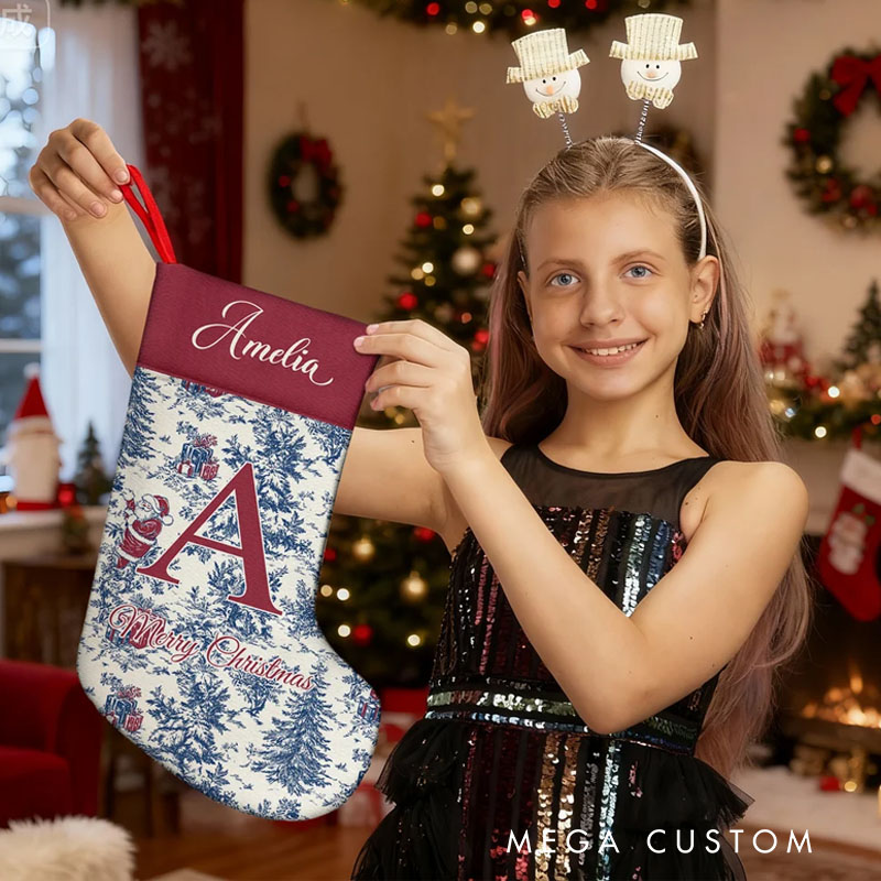 Personalized Toile De Jouy Style Santa Claus Initial Hanging Christmas Stocking with Name Home Decor Christmas Gift for Kid Family