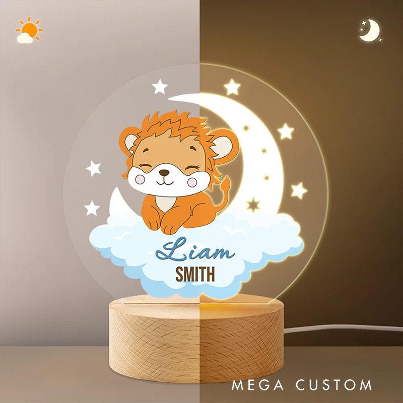 Personalized Dreamy Moon Forest Animal LED Night Light with Name Text and Wooden Base Nursery Room Decor Birthday Baby Shower Gift for Baby Kid
