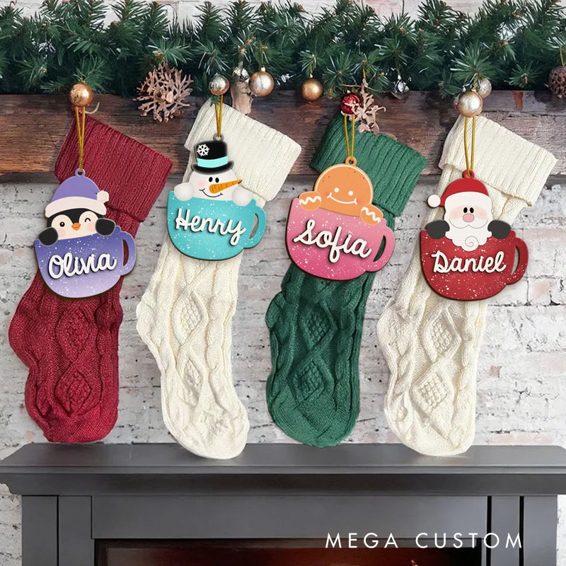 Personalized Festive Mug Christmas Ornament with Cute Characters and Custom Names for Joyful Holiday Decor Christmas Ornament