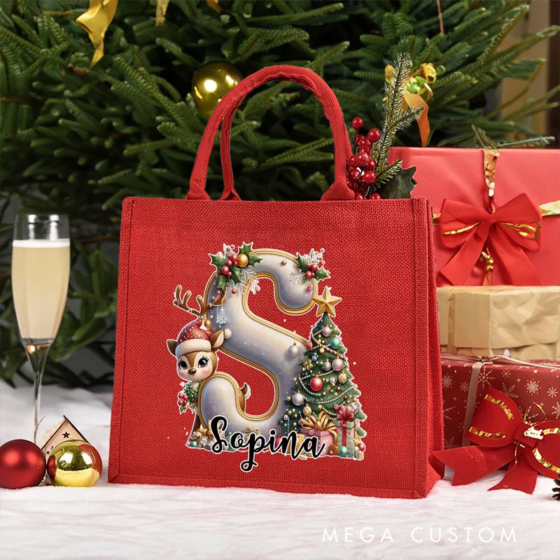 Personalized Christmas Tree Elk Large Capacity Jute Red Tote Bag with Initial and Name Christmas Party Gift for Kids Adults