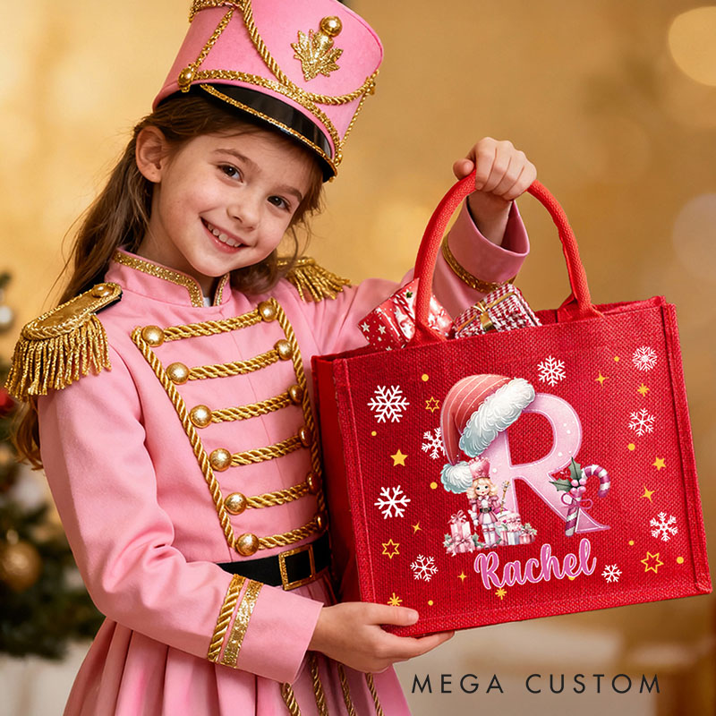 Personalized Gift Sack Custom Name with Pink or Blue Letters Christmas Nutcracker Initial Name Red Burlap Bag 