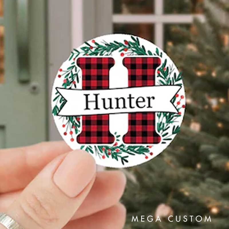 Personalized Plaid Initial Sticker with Festive Greenery and Custom Name for Unique Holiday Gift Wrapping Sticker