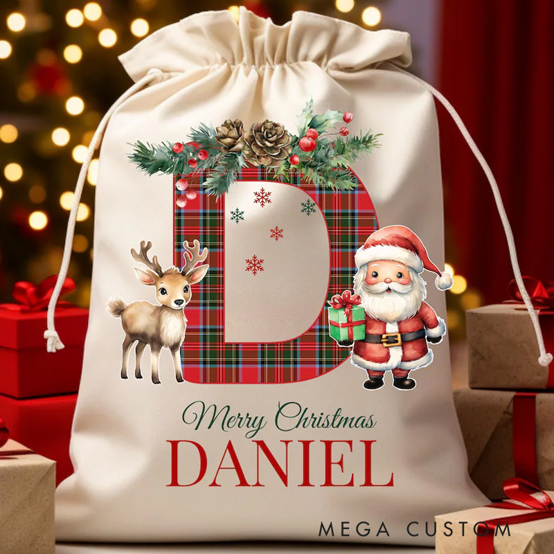 Personalized Santa and Reindeer Christmas Bag with Festive Plaid and Custom Name for Joyful Gift Giving Christmas Bag